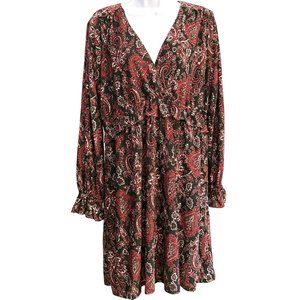 Michael Kors Women's Red Black Paisley Dress Size Large Long Sleeve Bohemian